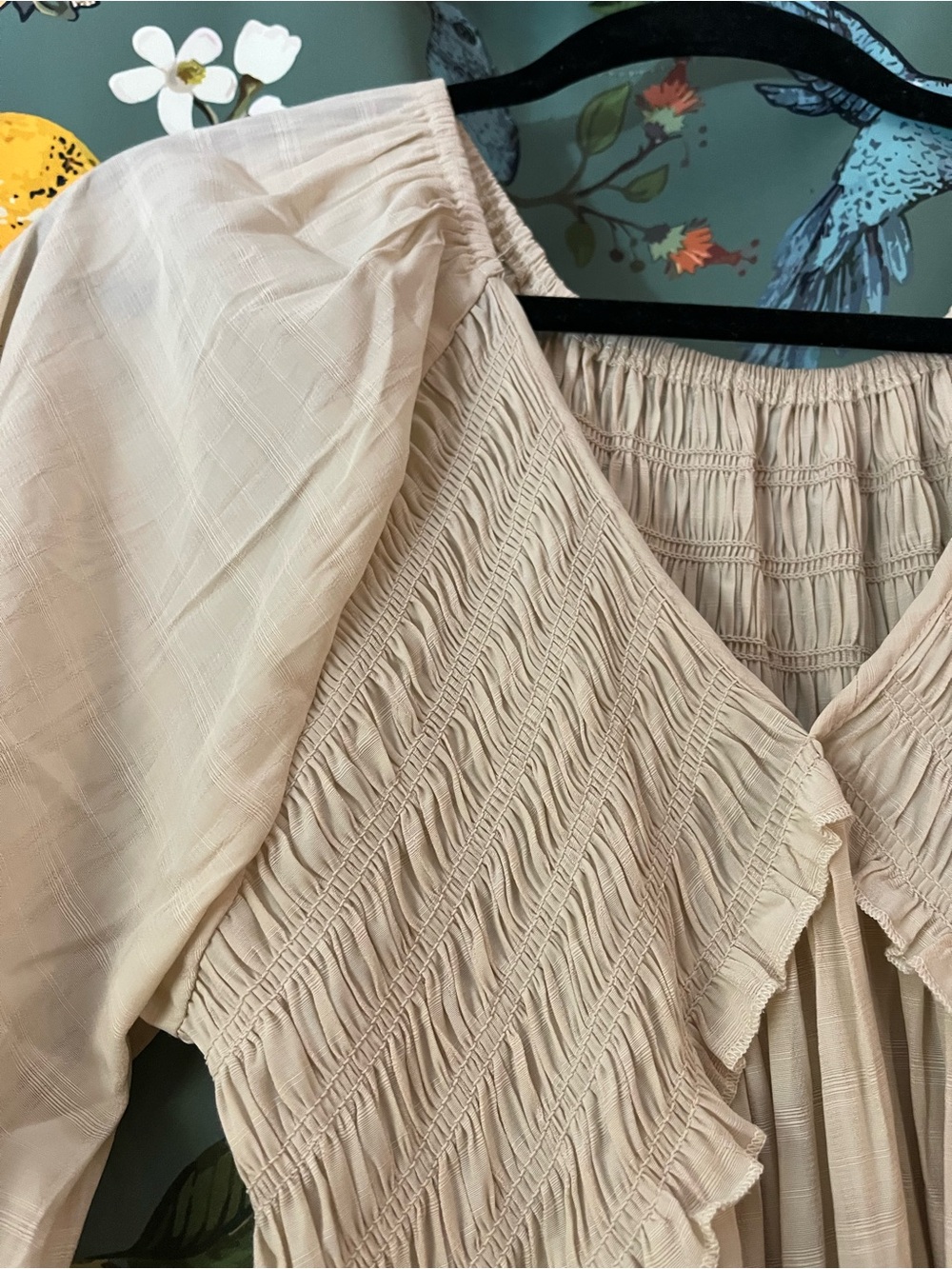 Smocked V-Neck Tiered Maxi Dress in Beige - Picture 3 of 5